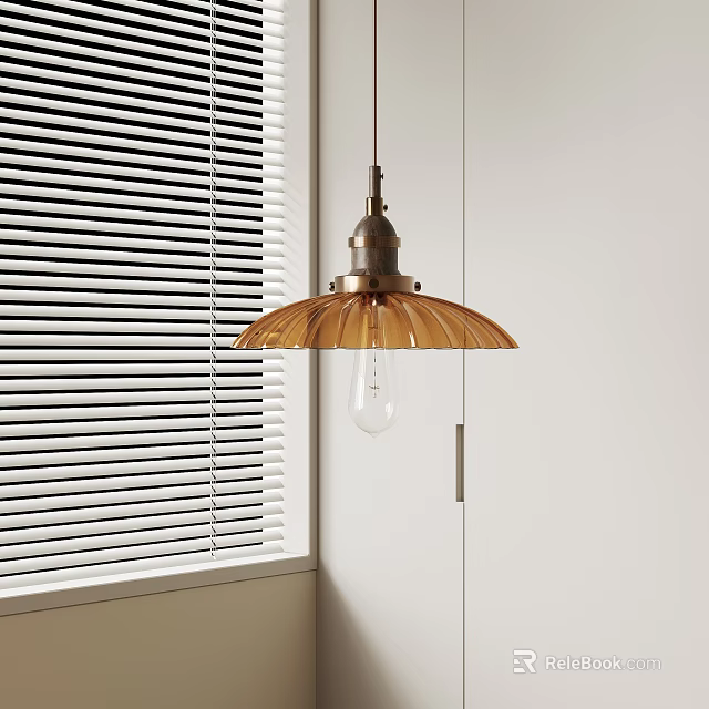 Modern Brass Shade Pendant Light with Clear Bulb in White Wall Interior by Blind Window 3d model