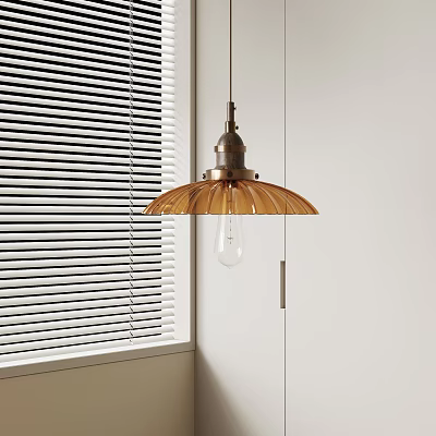 Modern Brass Shade Pendant Light with Clear Bulb in White Wall Interior by Blind Window 3d model