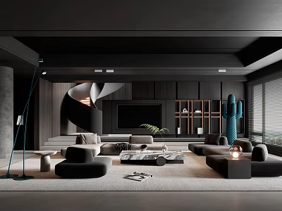Modern Living Room Interior Design With Dark Sofas Coffee Table And Cactus Plant 3d model