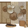 Bamboo Woven Background Wall Featuring Circular Decorations Natural Texture And Bamboo Baskets 3d model