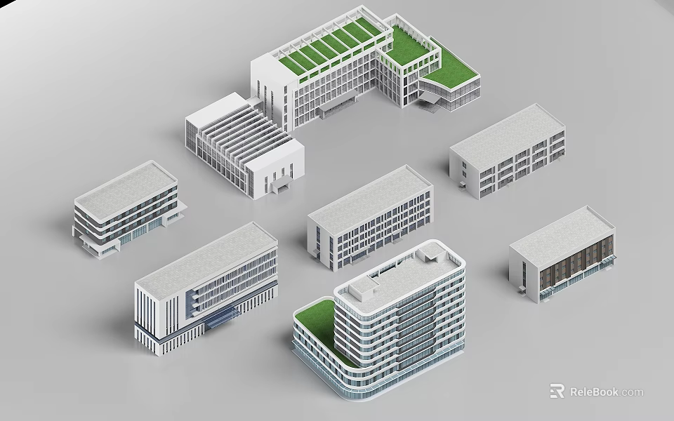 Multiple Modern Office Building Models Featuring Green Roofs And Various Designs 3d model 
