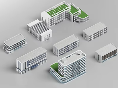 Multiple Modern Office Building Models Featuring Green Roofs And Various Designs 3d model