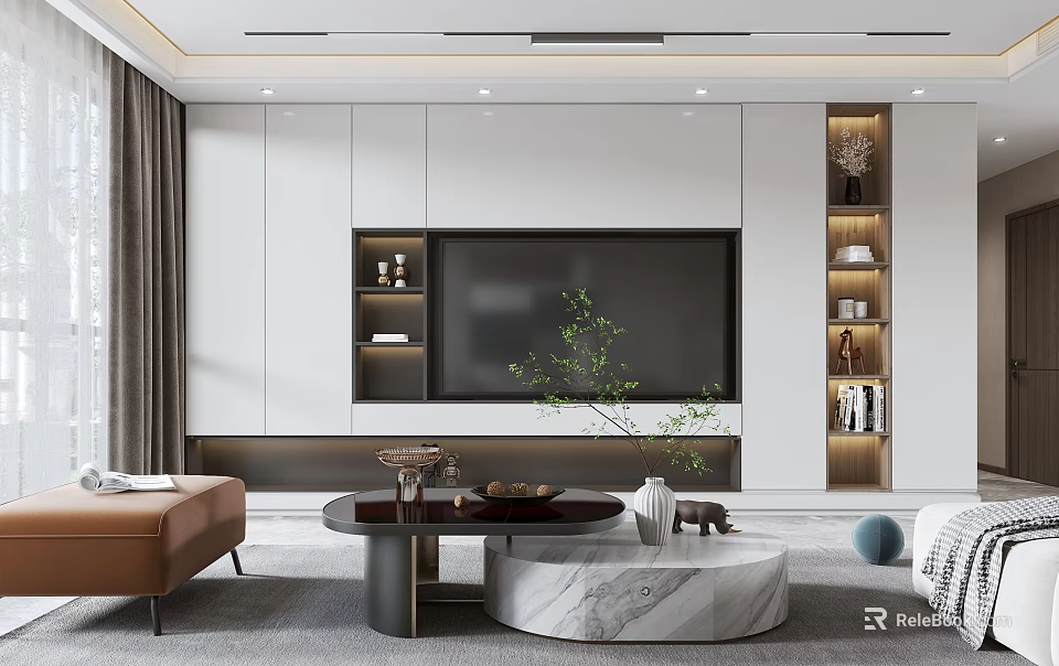Modern Living Room Interior Design With TV Wall Built-in Shelves Round Coffee Table And Plant 3d model 