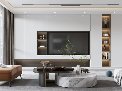 Modern Living Room Interior Design With TV Wall Built-in Shelves Round Coffee Table And Plant 3d model