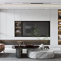 Modern Living Room Interior Design With TV Wall Built-in Shelves Round Coffee Table And Plant