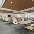 Spacious Cafeteria Interior With Brown Ceiling Tables Chairs Wall Paintings And Large Windows 3d model