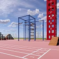 Outdoor Obstacle Training Area With Red Surface Climbing Tower Obstacles And Trees Near Ocean