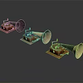 Vintage Phonographs With Wooden Bases Brass Horns And Retro Design