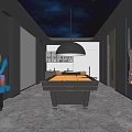 Billiard Room With Starry Night Ceiling Pendant Lamp And Modern Pool Table 3d model