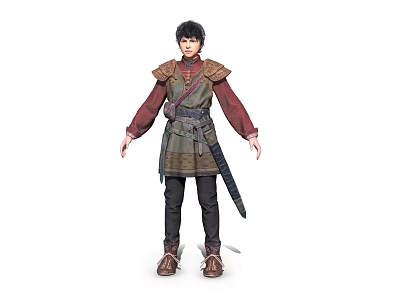 Black Haired Character In Brown Green Traditional Outfit With Sword And Loyal Wolf Companion Standing 3d model
