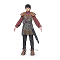 Black Haired Character In Brown Green Traditional Outfit With Sword And Loyal Wolf Companion Standing