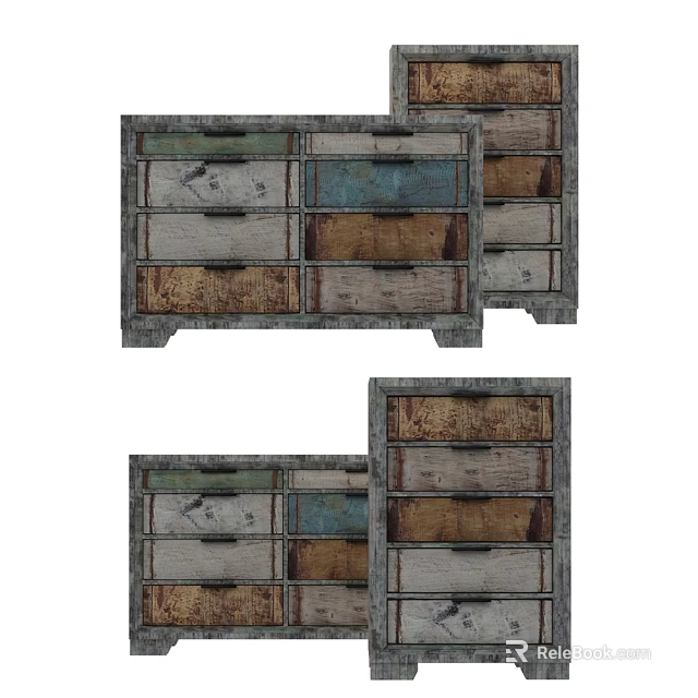 Vintage Console Cabinet Sideboard With Distressed Wood Multicolor Drawers Storage Design 3d model 