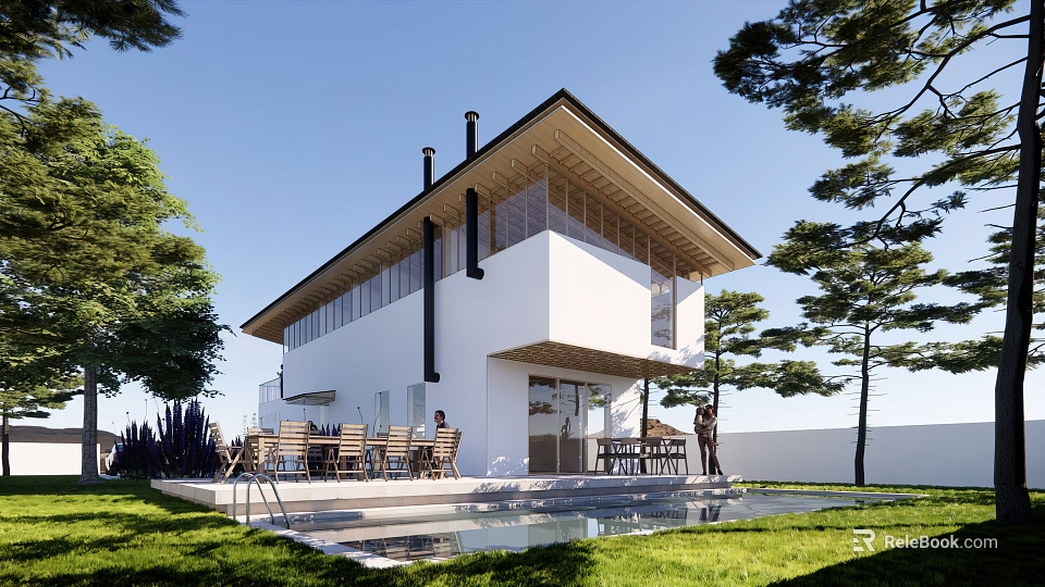 Modern Single Family Villa Exterior Design With Swimming Pool Terrace And Garden 3d model 