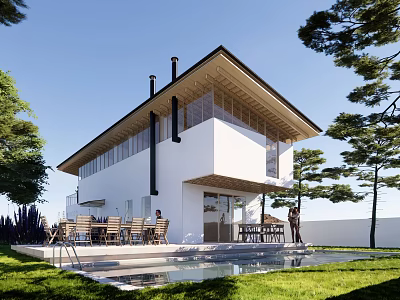 Modern Single Family Villa Exterior Design With Swimming Pool Terrace And Garden 3d model