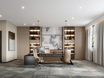 Modern Office Interior Design With Wooden Bookshelves Large Decorative Painting Executive Desk And Textured Carpet 3d model
