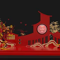 Traditional Chinese Red Art Installation with Circular Ornament Golden Decorations and Tree Branches