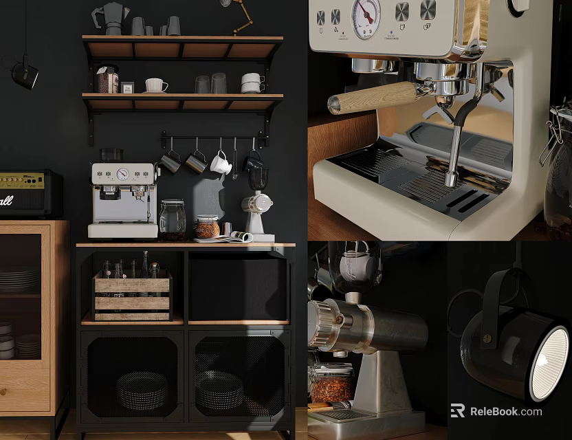 Modern Kitchen Interior Featuring Coffee Machine Shelves Mugs Grinder And Wooden Black Elements 3d model 