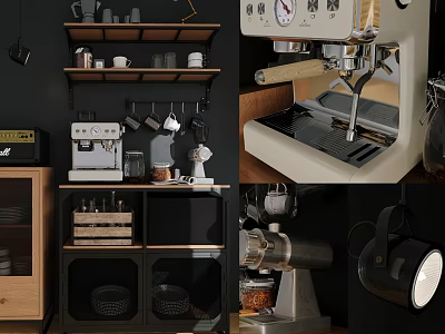 Modern Kitchen Interior Featuring Coffee Machine Shelves Mugs Grinder And Wooden Black Elements 3d model