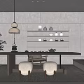 Serene Tea Room Interior With Wooden Table Tea Sets Hanging Lamp And Decorative Shelves