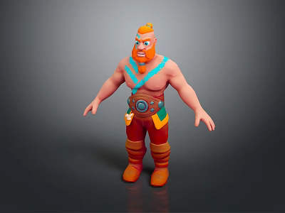 Cartoon 3D Man Character With Orange Hair Blue Beard Muscular Build Red Pants Orange Boots 3d model