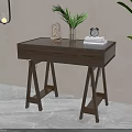 Natural Wooden Dressing Table Interior With Drawers Green Plants Hanging Lamp And Decorative Items