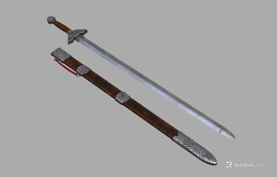 Detailed Traditional Sword With Shiny Metal Blade And Wooden Scabbard Decorative Fittings 3d model 