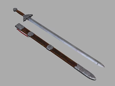 Detailed Traditional Sword With Shiny Metal Blade And Wooden Scabbard Decorative Fittings 3d model