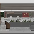 Modern Restaurant Interior With Marble Front Desk Wooden Ceiling Red Walls And Green Plants