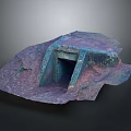 Modern Sculptural Structure Featuring Purple Brown Blue Cracked Surface And Open Gateway