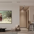 Modern Living Room Interior With Beige Sofa Large Painting Window Blinds And Bean Bag Chair