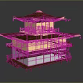 Cartoon Scene Of Traditional Japanese Two Story Pavilion With Golden Roof Wooden Structure And Lit Windows