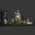 Cartoon Scene With Corgi Sitting On Green Grass Stones Buildings Wooden Box EXIT Sign Sparkles