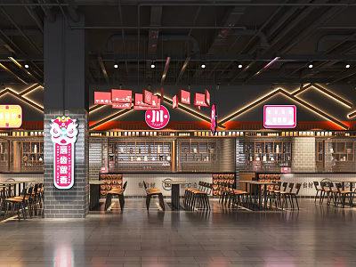 Modern Restaurant Interior Design With Neon Signs Wooden Tables And Comfortable Seating 3d model