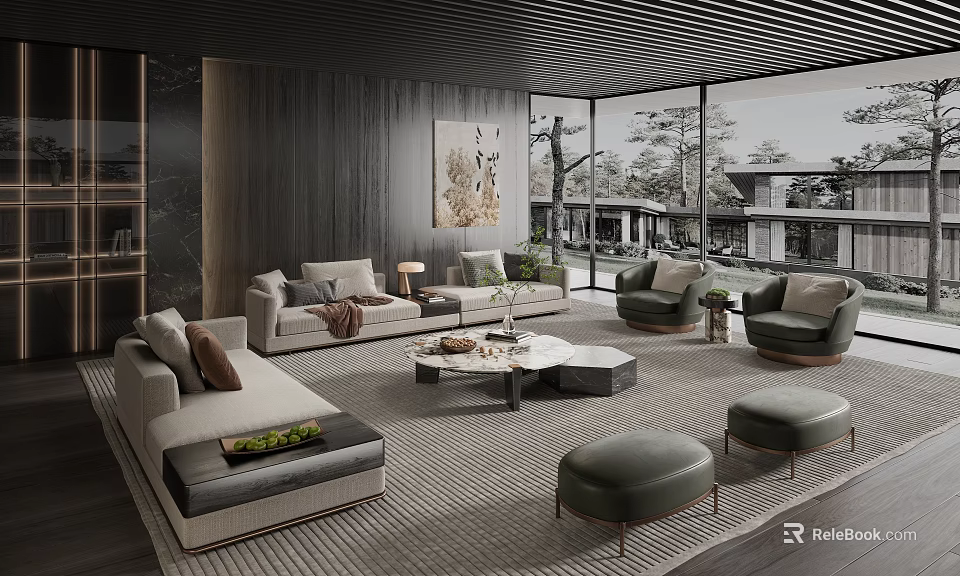 Modern Living Room Interior Design With Sofas Armchairs Coffee Table Rug And Large Windows 3d model 