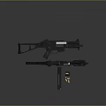 Modern Black Assault Rifle With Tripod Stand And Ammunition Bullets