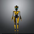 Humanoid Robot Character And Mechanical Creature With Yellow Black Body And Blue Eyes
