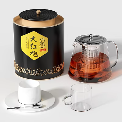 White Ceramic Teacup and Glass Cup for Tea with Glass Teapot and Black Tea Canister 3d model