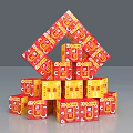 Red And Yellow Stacked Boxes With Chinese Auspicious Symbols In Pyramid Formation