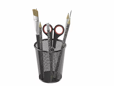 Black Metal Mesh Pen Holder With Scissors Pencils And Paintbrush For Office Desk Stationery 3d model