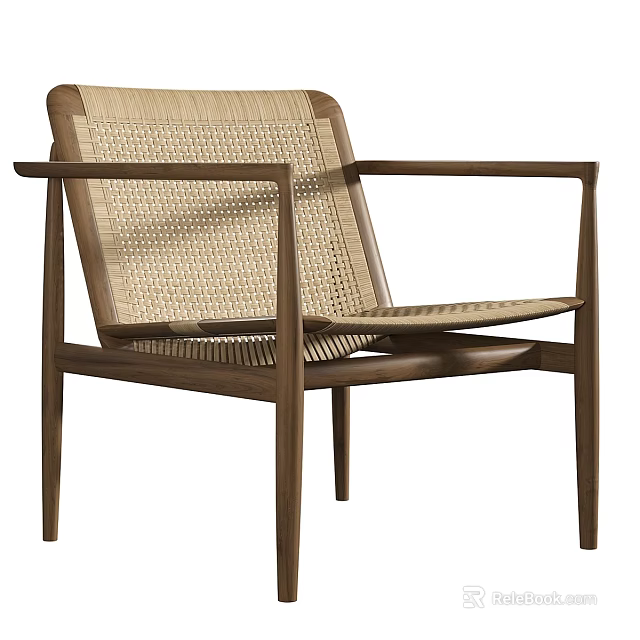 Modern Natural Style Leisure Chair With Wooden Frame And Woven Seat Backrest 3d model 