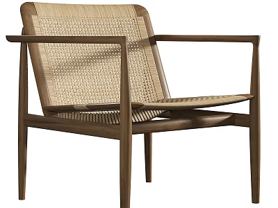 Modern Natural Style Leisure Chair With Wooden Frame And Woven Seat Backrest 3d model