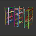 Multi Tier Industrial Storage Racks in Blue Red and Brown for Warehouse Use