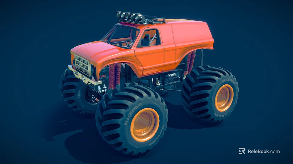 Orange Monster Utility Truck with Large Tires Roof Light Rack for Off Road Adventure 3d model 