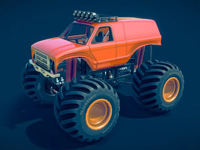 Orange Monster Utility Truck with Large Tires Roof Light Rack for Off Road Adventure 3d model