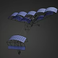 Vintage Passenger Biplane With Blue Wings And Metal Frame On Black Background