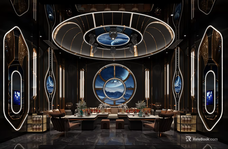 Luxury Modern KTV Room Interior With Circular Decor And Seating 3d model 