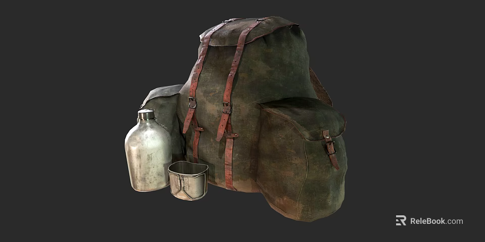 Vintage Green Backpack With Silver Water Bottle And Small Metal Cup 3d model 