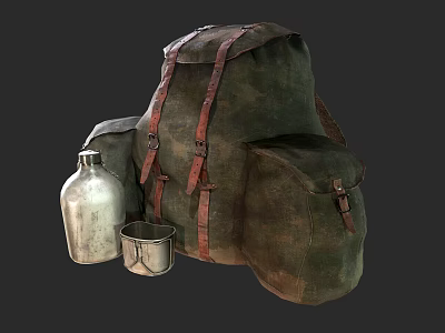 Vintage Green Backpack With Silver Water Bottle And Small Metal Cup 3d model