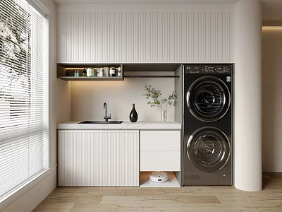 Modern Laundry Room With Washer Dryer Sink Cabinet And Window Blinds 3d model