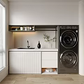 Modern Laundry Room With Washer Dryer Sink Cabinet And Window Blinds